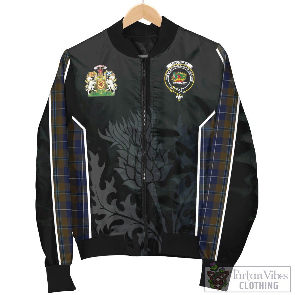 Tartan Vibes Clothing Douglas Brown Tartan Bomber Jacket with Family Crest and Scottish Thistle Vibes Sport Style