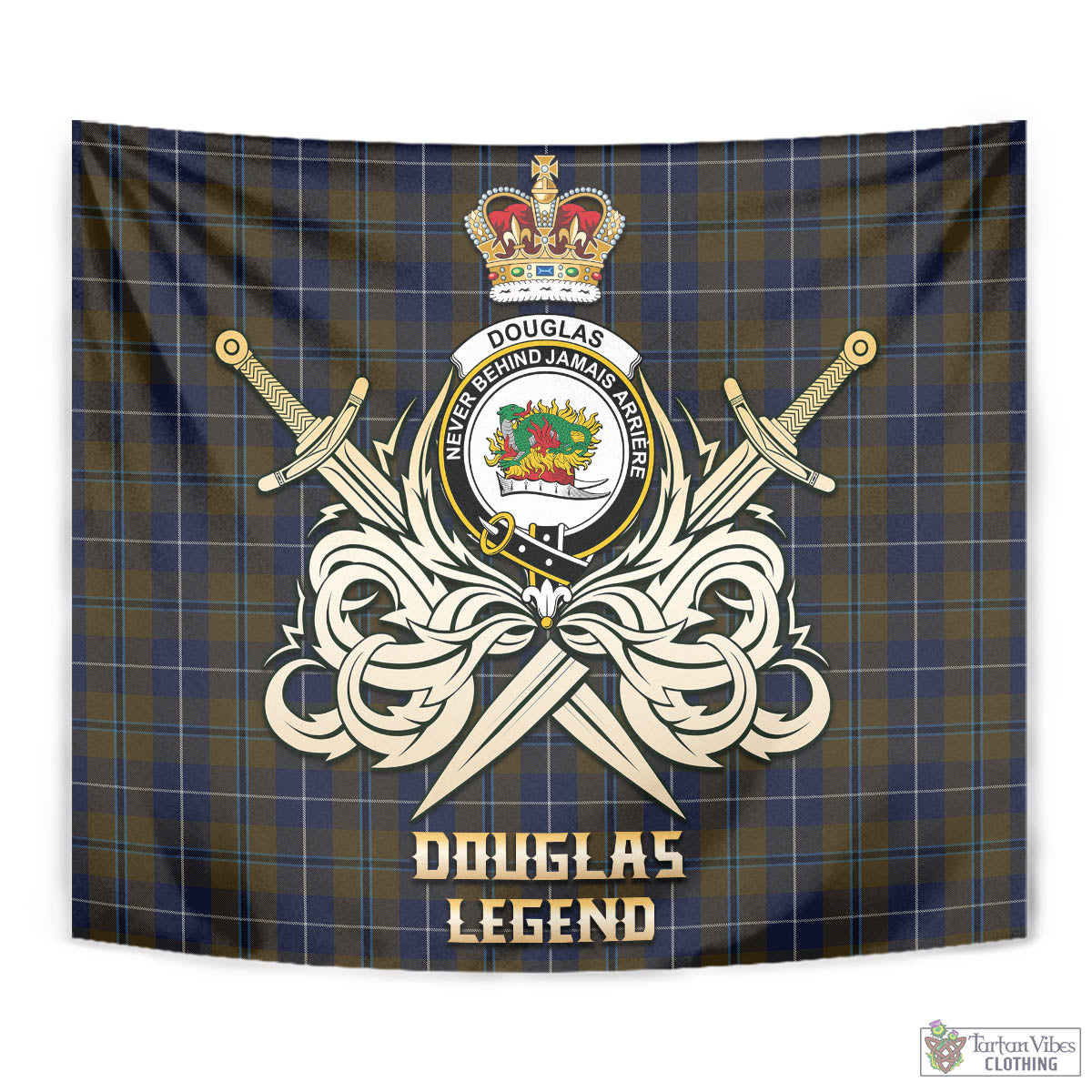 Tartan Vibes Clothing Douglas Brown Tartan Tapestry with Clan Crest and the Golden Sword of Courageous Legacy