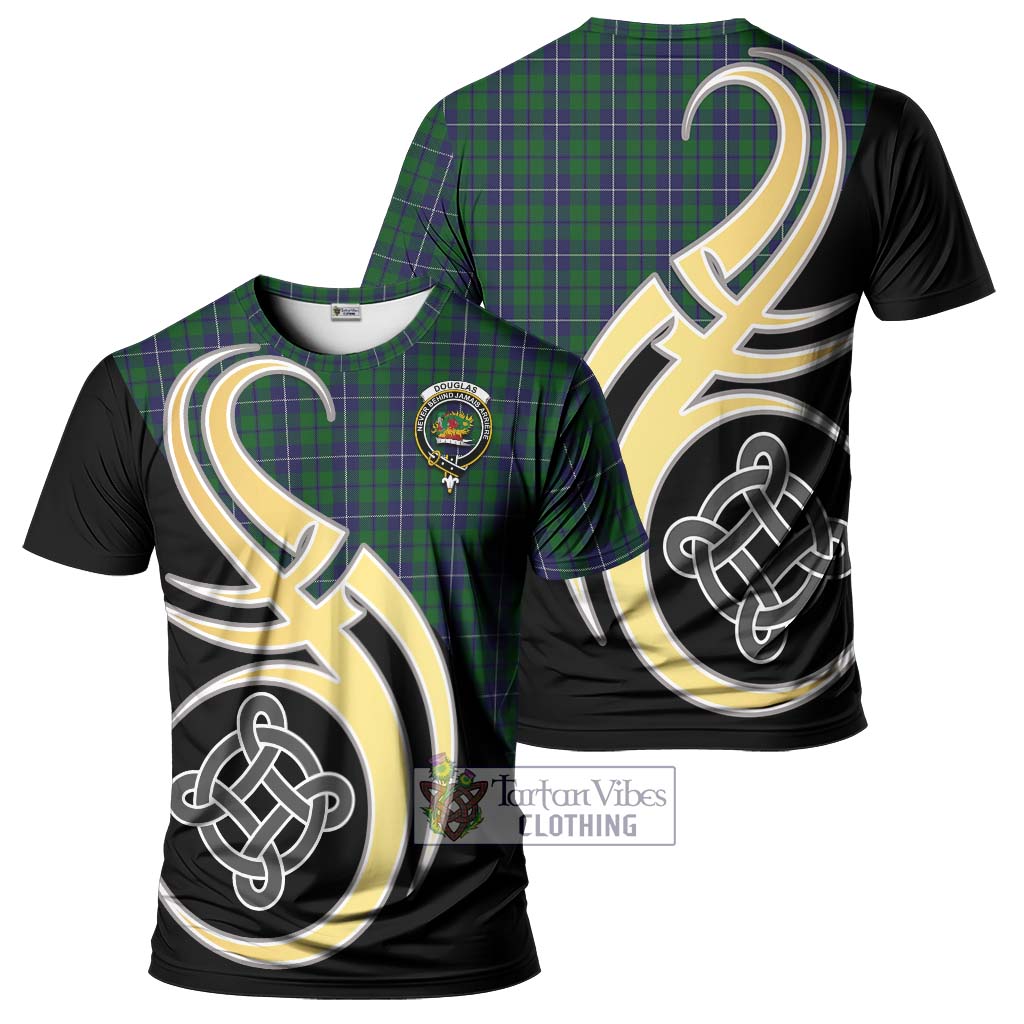 Tartan Vibes Clothing Douglas Green Tartan T-Shirt with Family Crest and Celtic Symbol Style