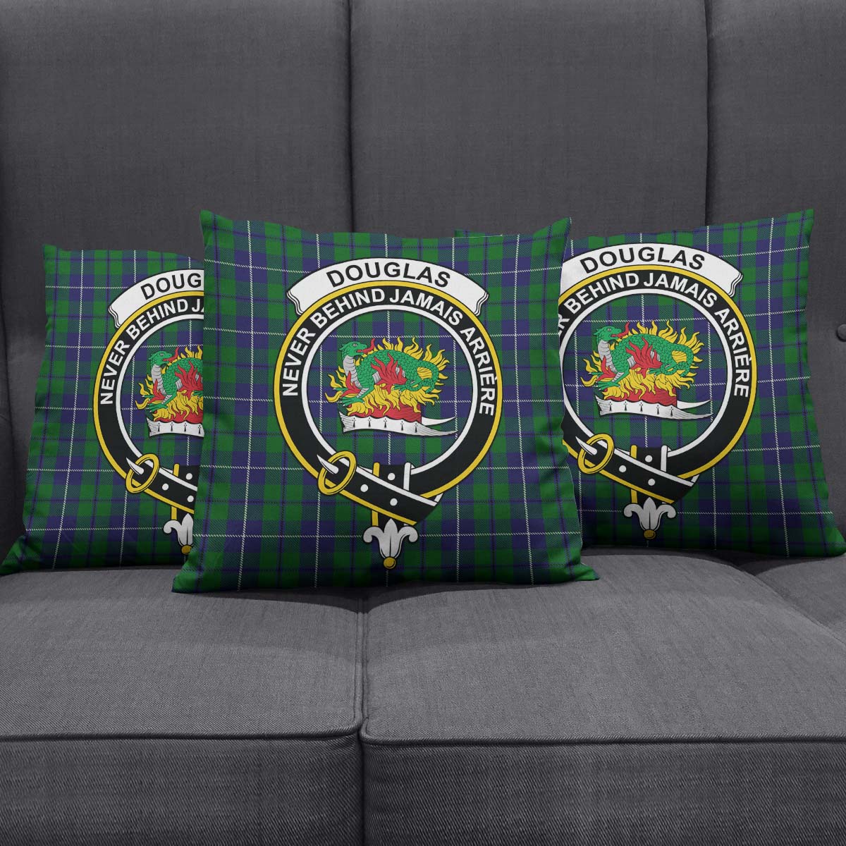 Douglas Green Tartan Pillow Cover with Family Crest Square Pillow Cover - Tartanvibesclothing