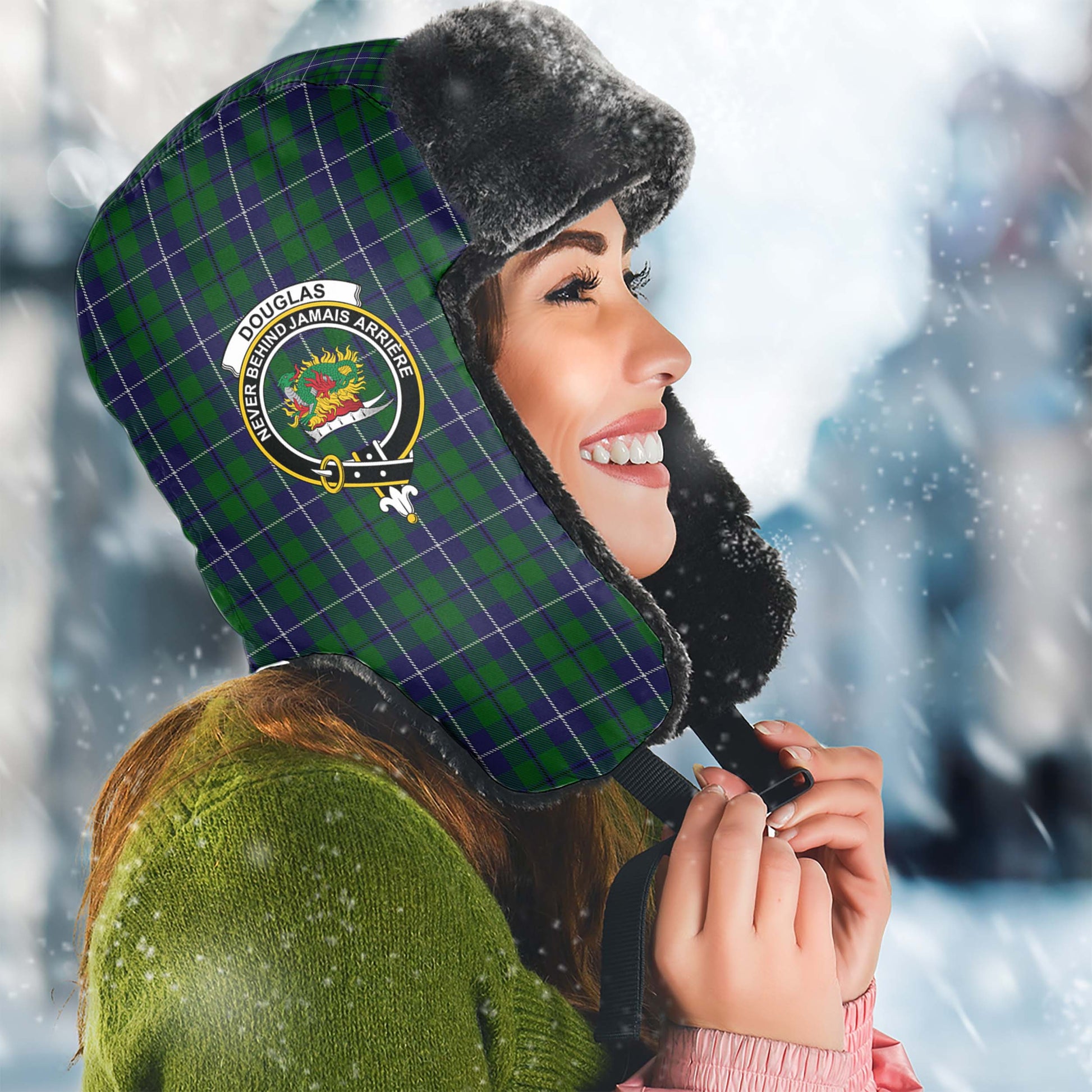 Douglas Green Tartan Winter Trapper Hat with Family Crest Winter Trapper Hat Universal Fit Circumference 22.8in (58cm) - Tartanvibesclothing