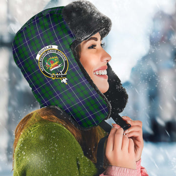 Douglas Green Tartan Winter Trapper Hat with Family Crest