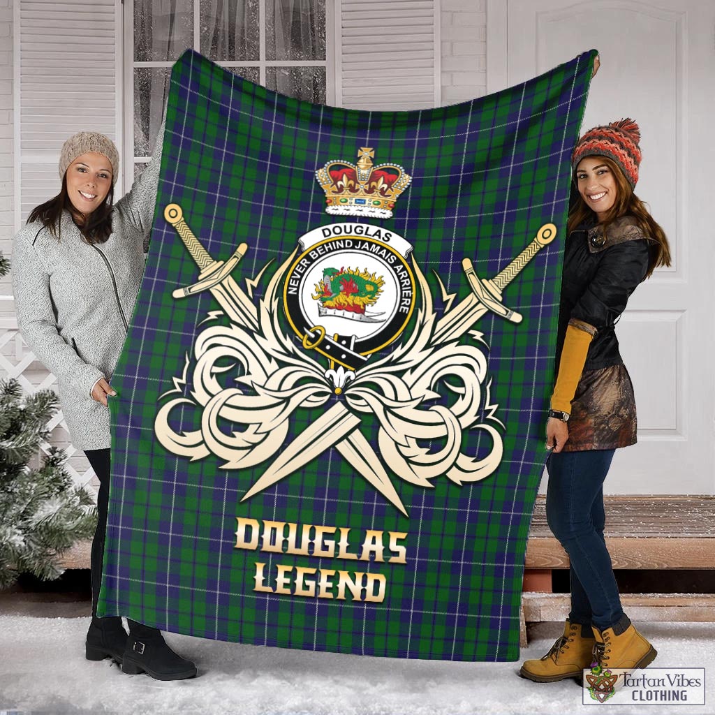 Tartan Vibes Clothing Douglas Green Tartan Blanket with Clan Crest and the Golden Sword of Courageous Legacy