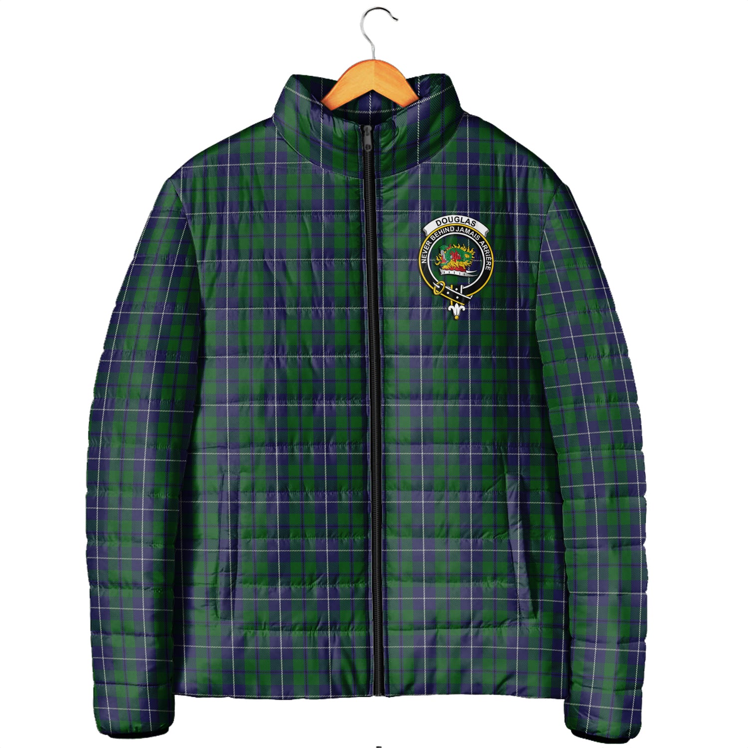 Douglas Green Tartan Padded Jacket with Family Crest Men's Padded Jacket - Tartan Vibes Clothing