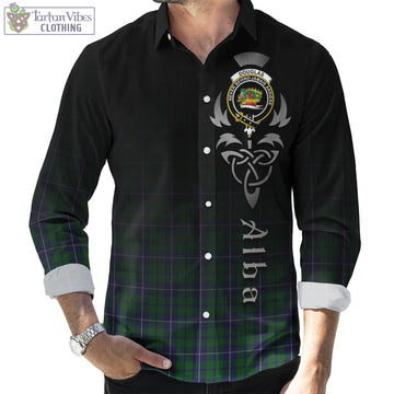 Douglas Green Tartan Long Sleeve Button Up Featuring Alba Gu Brath Family Crest Celtic Inspired