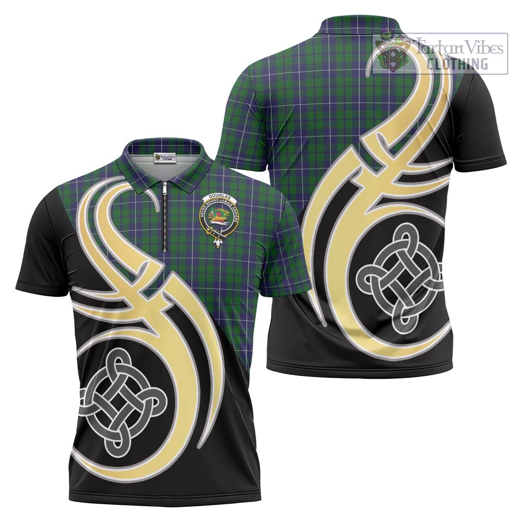 Tartan Vibes Clothing Douglas Green Tartan Zipper Polo Shirt with Family Crest and Celtic Symbol Style