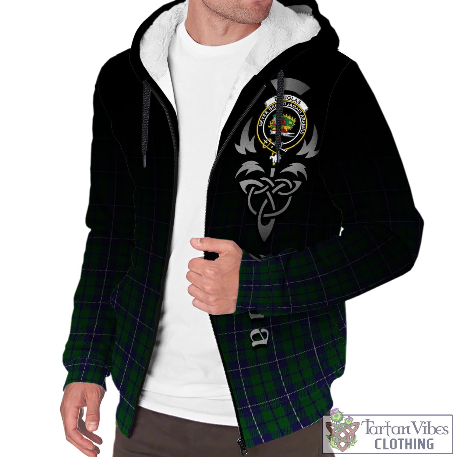 Tartan Vibes Clothing Douglas Green Tartan Sherpa Hoodie Featuring Alba Gu Brath Family Crest Celtic Inspired