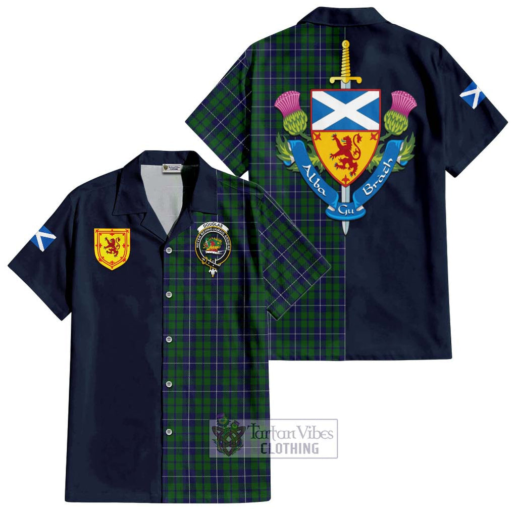 Tartan Vibes Clothing Douglas Green Tartan Short Sleeve Button Shirt with Scottish Lion Royal Arm Half Style