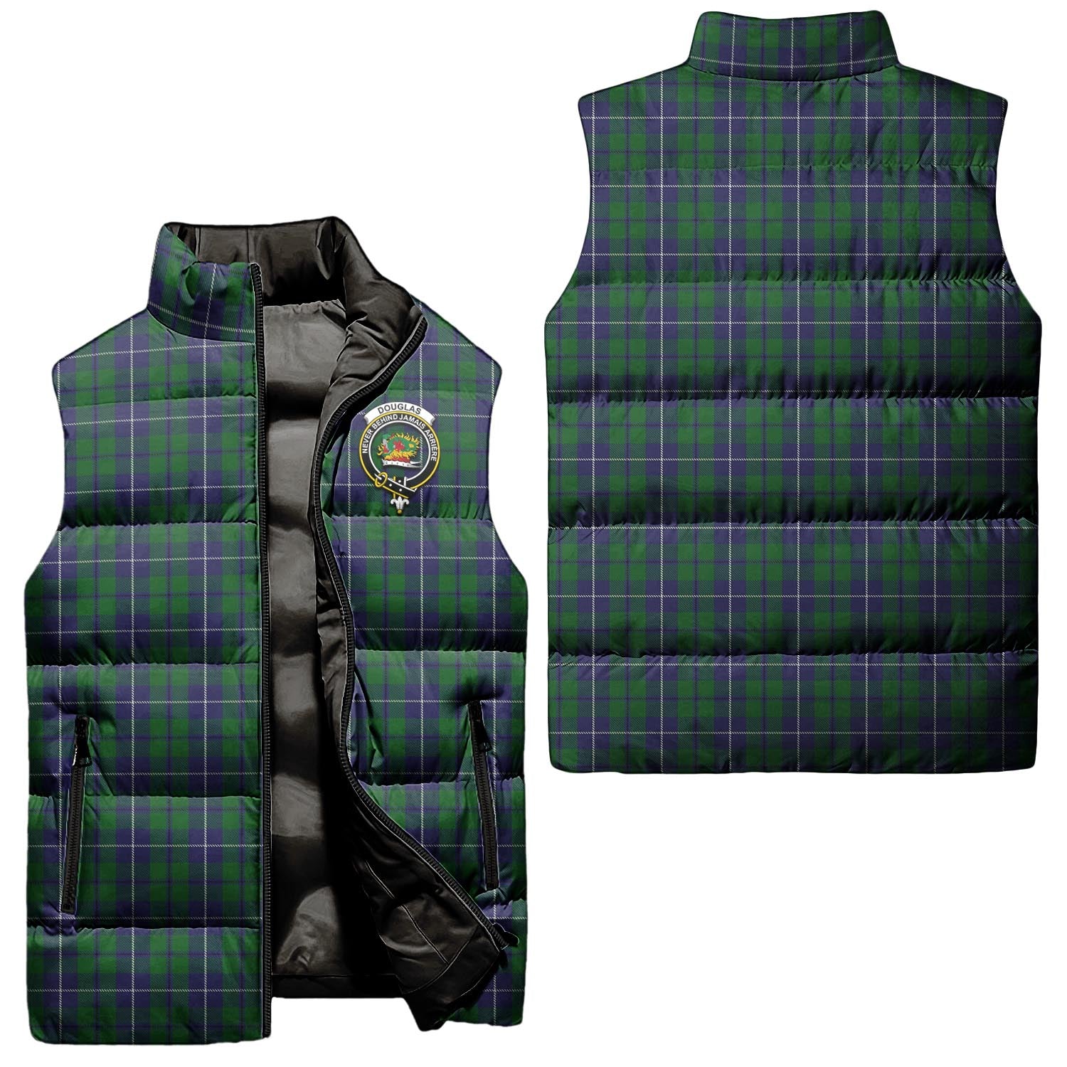 Douglas Green Tartan Sleeveless Puffer Jacket with Family Crest Unisex - Tartanvibesclothing