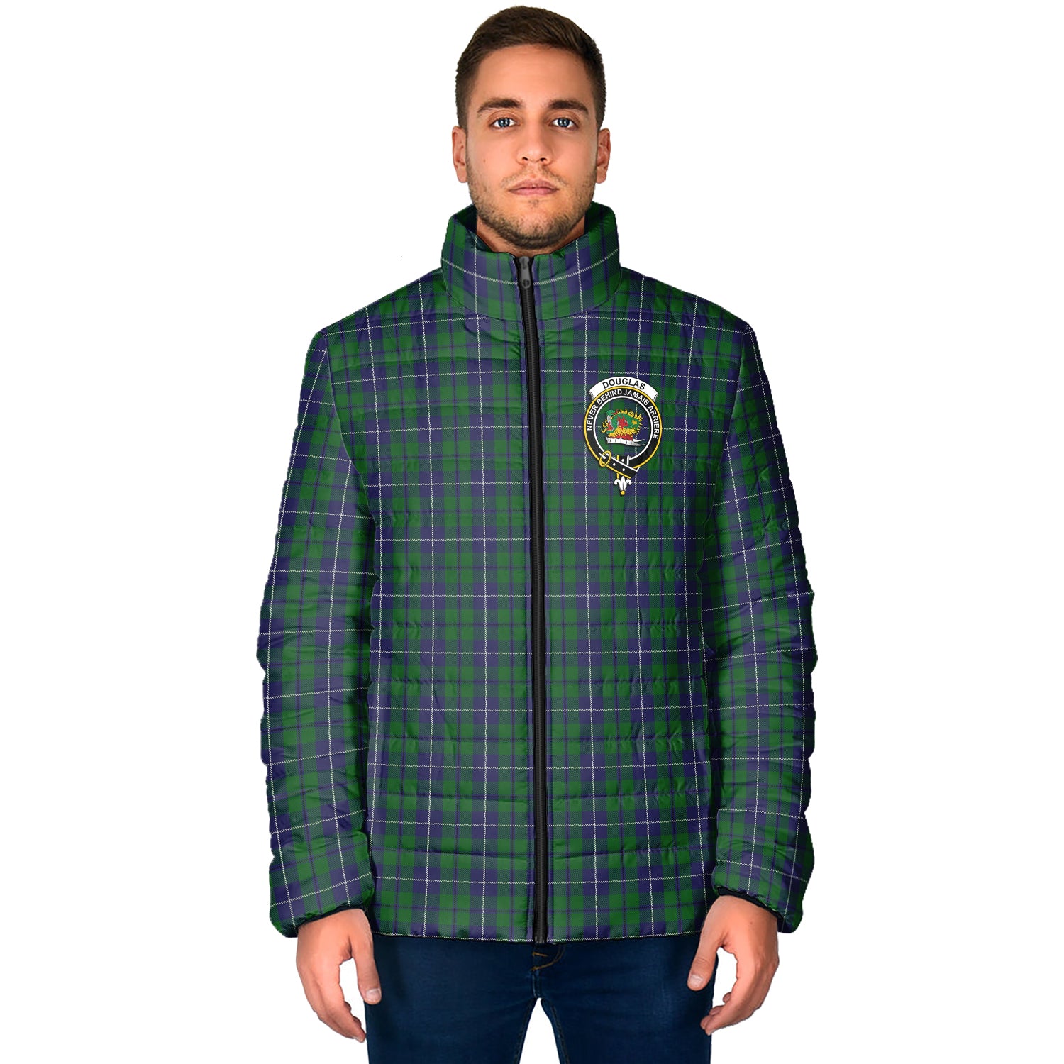 Douglas Green Tartan Padded Jacket with Family Crest - Tartan Vibes Clothing