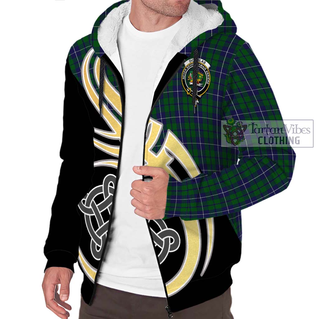 Douglas Green Tartan Sherpa Hoodie with Family Crest and Celtic Symbol Style - Tartan Vibes Clothing