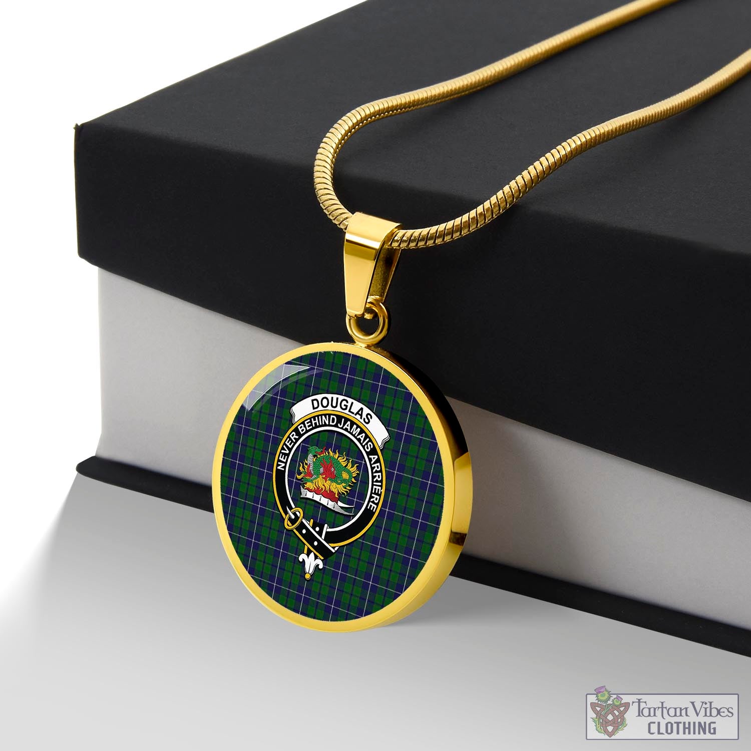 Tartan Vibes Clothing Douglas Green Tartan Circle Necklace with Family Crest