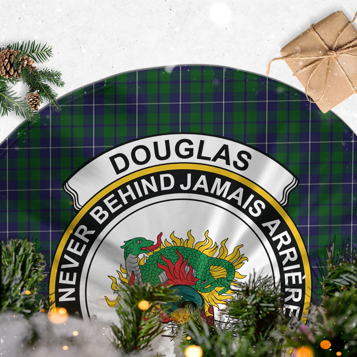 Douglas Green Tartan Christmas Tree Skirt with Family Crest - Tartanvibesclothing