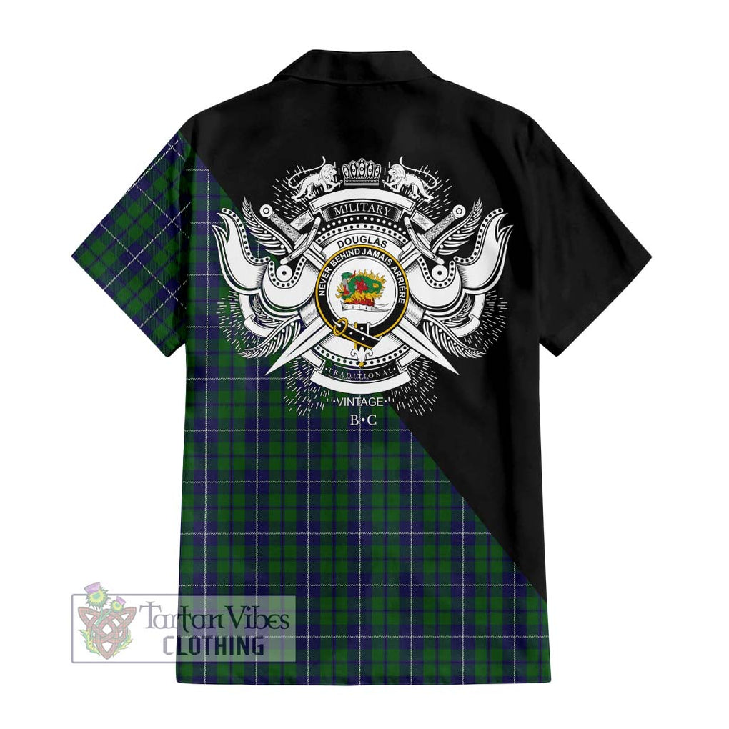 Douglas Green Tartan Short Sleeve Button Shirt with Family Crest and Military Logo Style - Tartanvibesclothing Shop