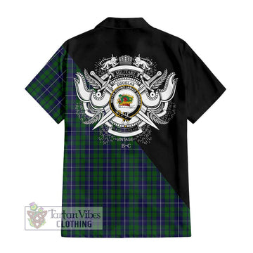 Douglas Green Tartan Short Sleeve Button Shirt with Family Crest and Military Logo Style