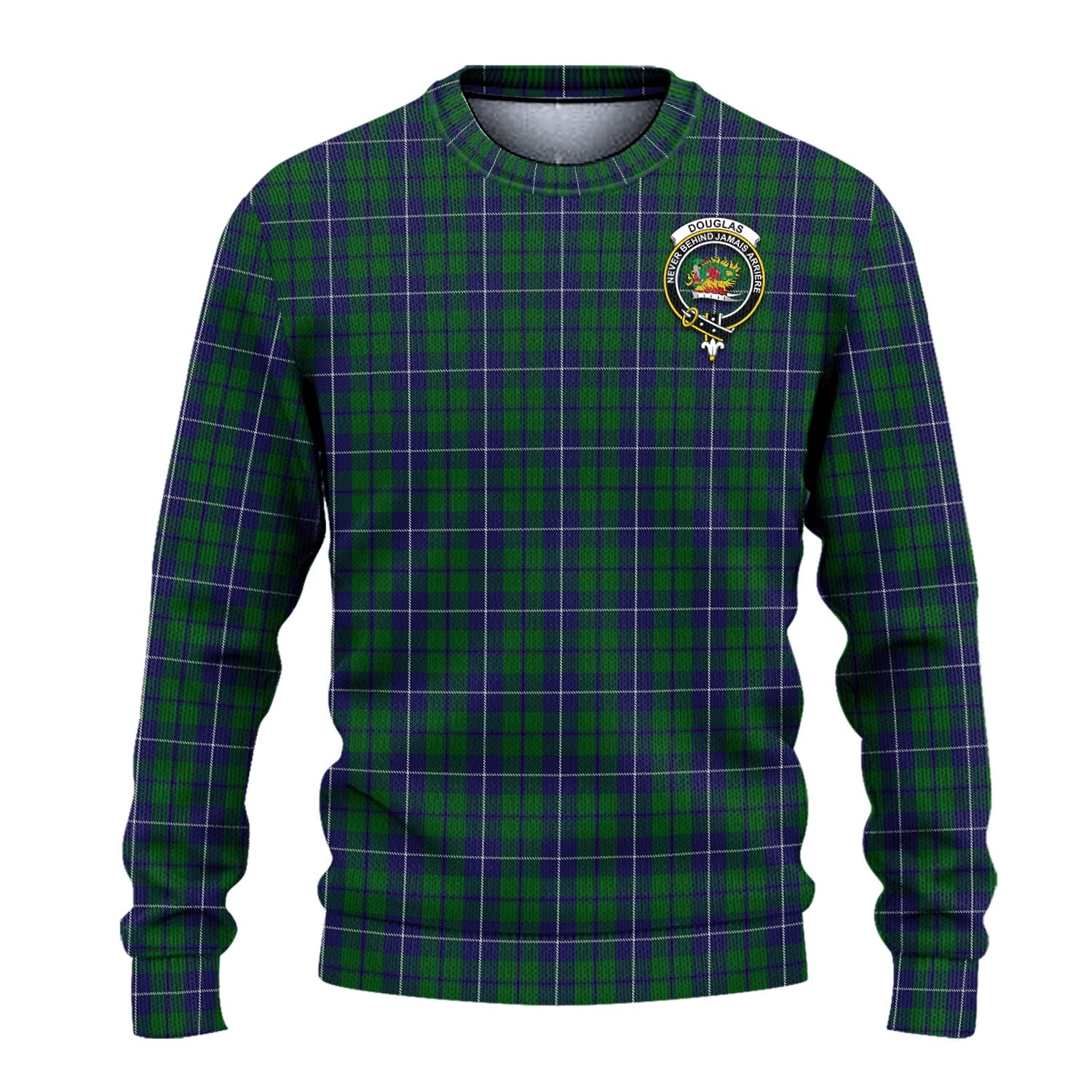 Douglas Green Tartan Knitted Sweater with Family Crest - Tartanvibesclothing