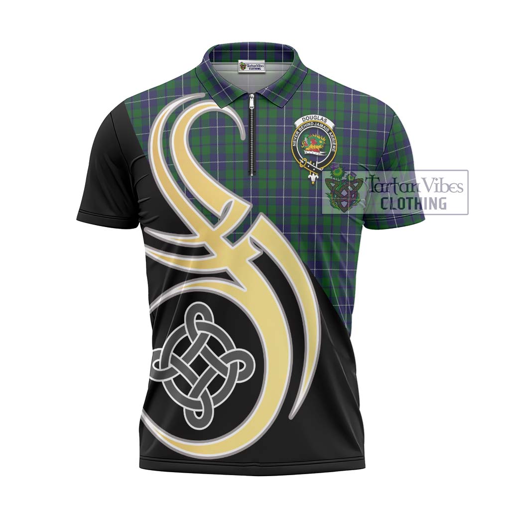 Tartan Vibes Clothing Douglas Green Tartan Zipper Polo Shirt with Family Crest and Celtic Symbol Style