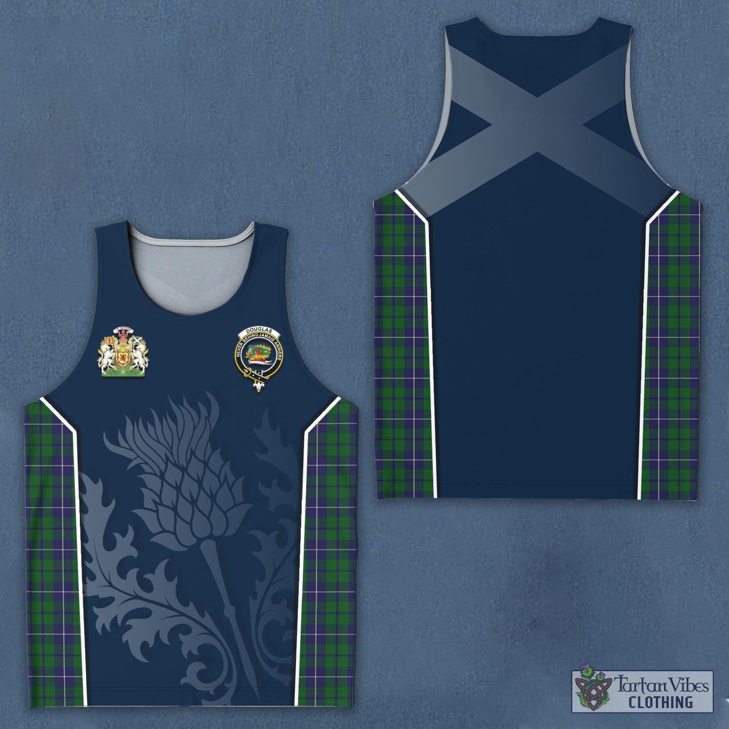 Tartan Vibes Clothing Douglas Green Tartan Men's Tanks Top with Family Crest and Scottish Thistle Vibes Sport Style