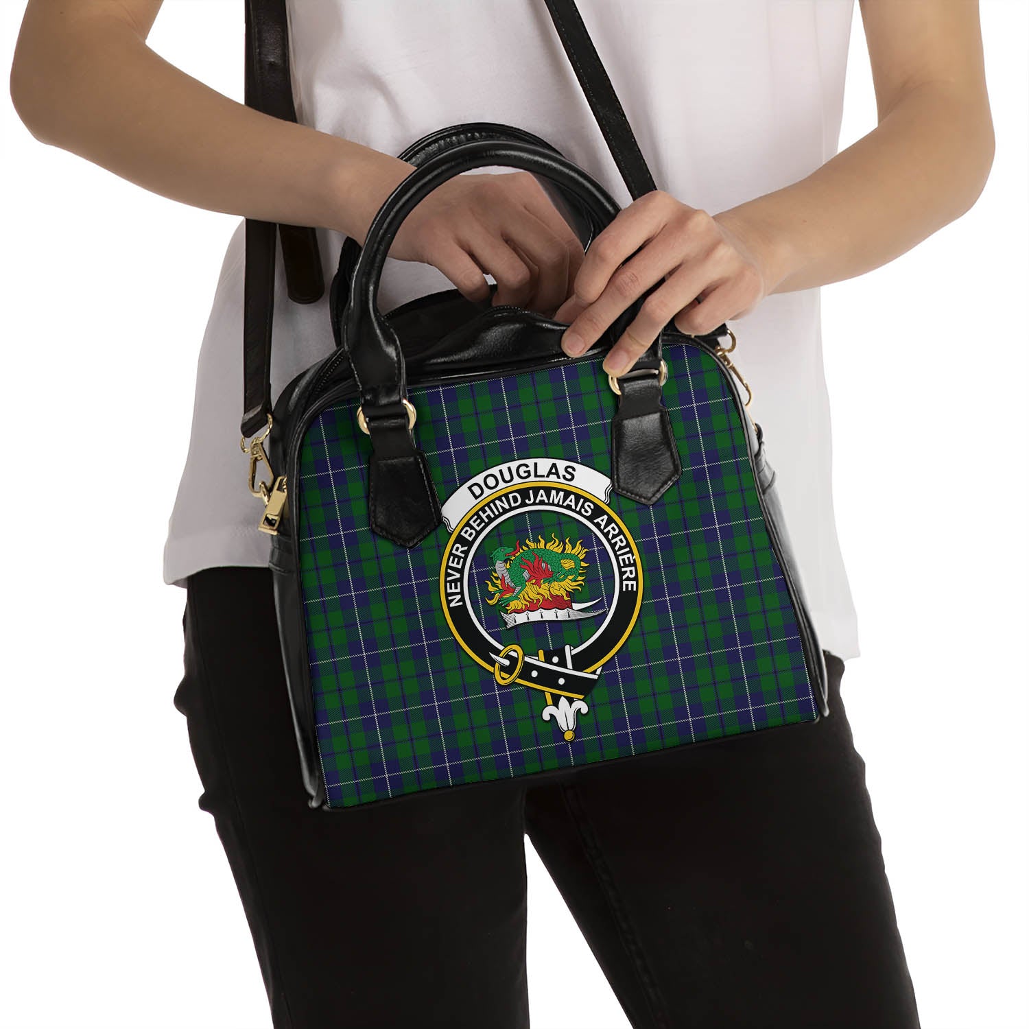 Douglas Green Tartan Shoulder Handbags with Family Crest - Tartanvibesclothing