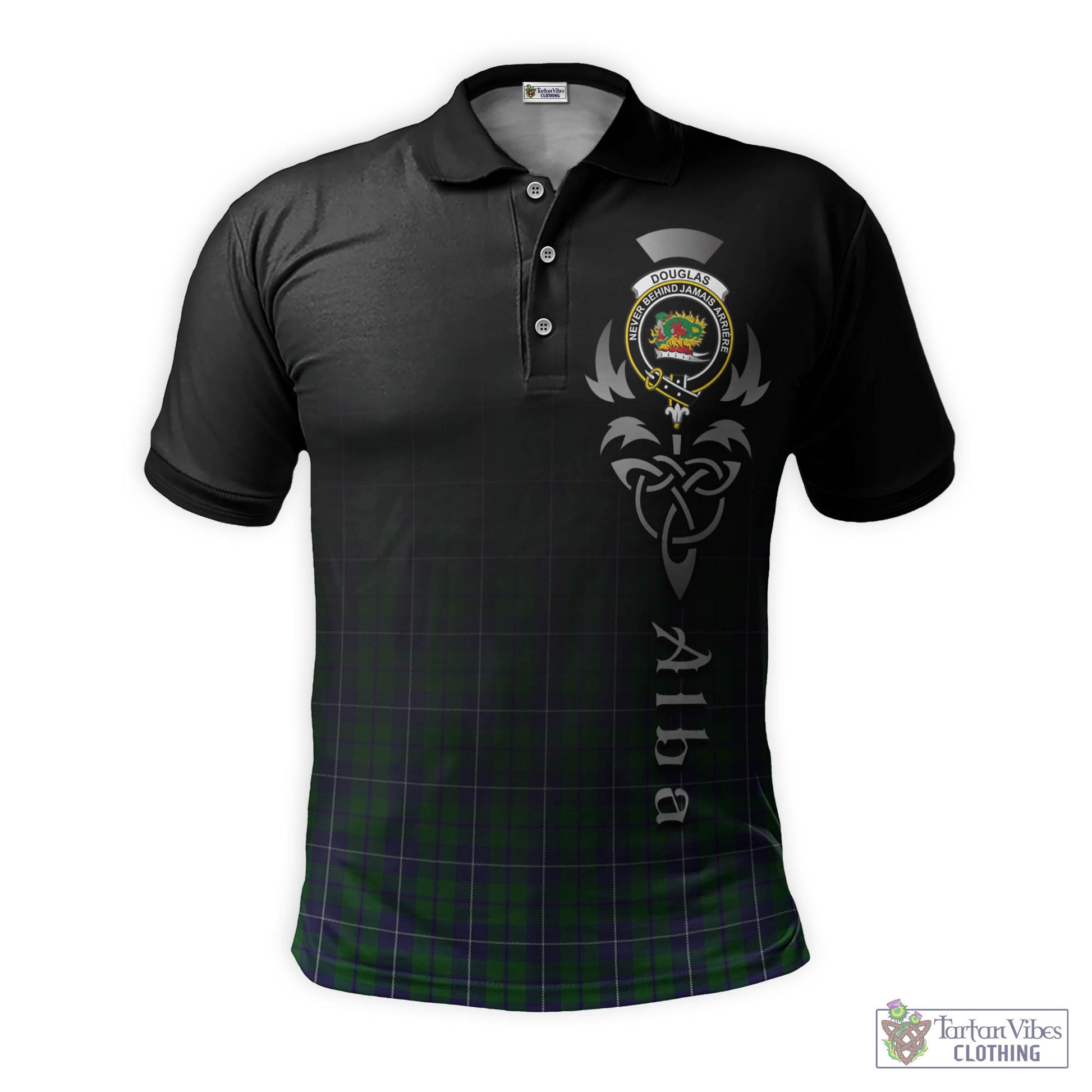 Tartan Vibes Clothing Douglas Green Tartan Polo Shirt Featuring Alba Gu Brath Family Crest Celtic Inspired