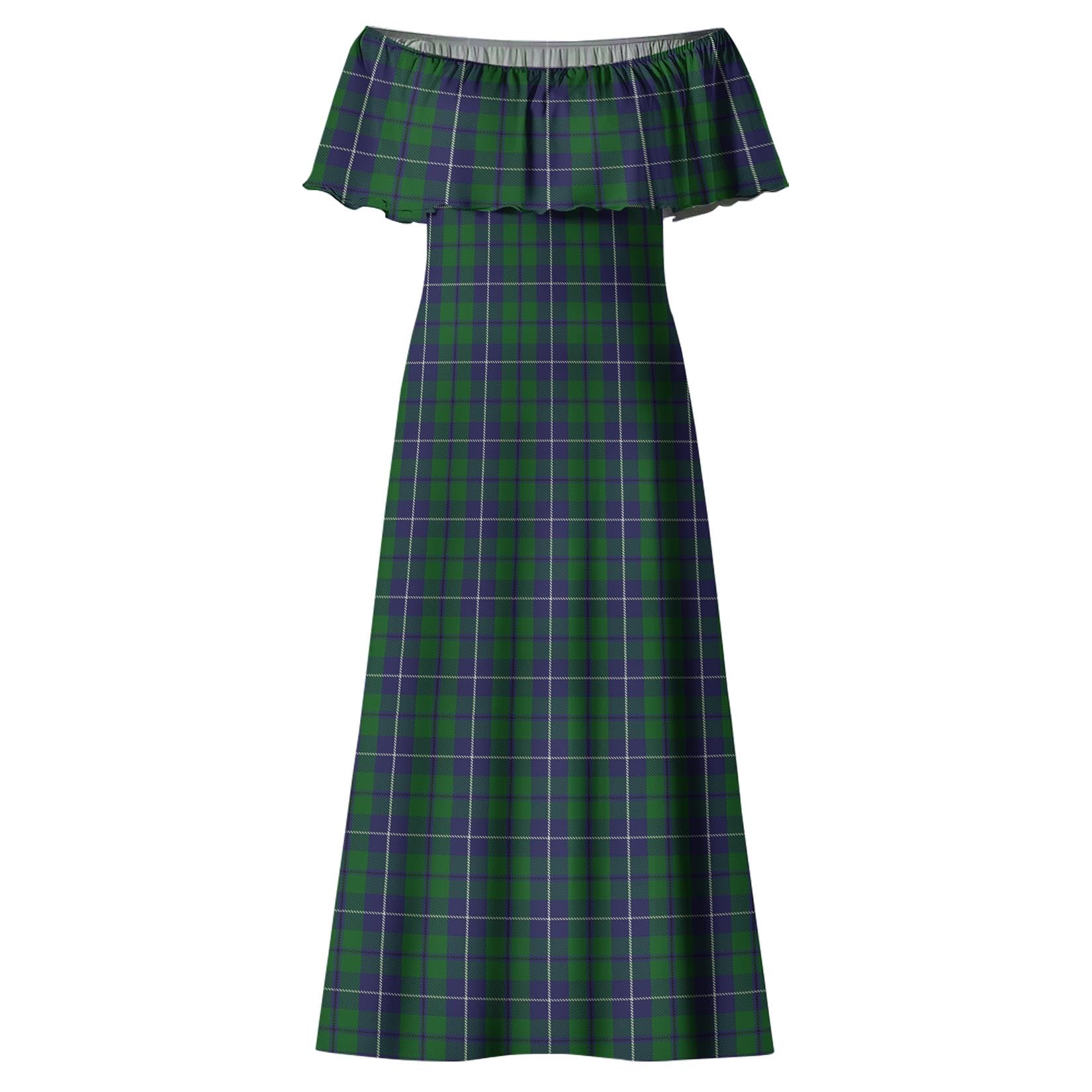 Douglas Green Tartan Off Shoulder Long Dress - Tartanvibesclothing