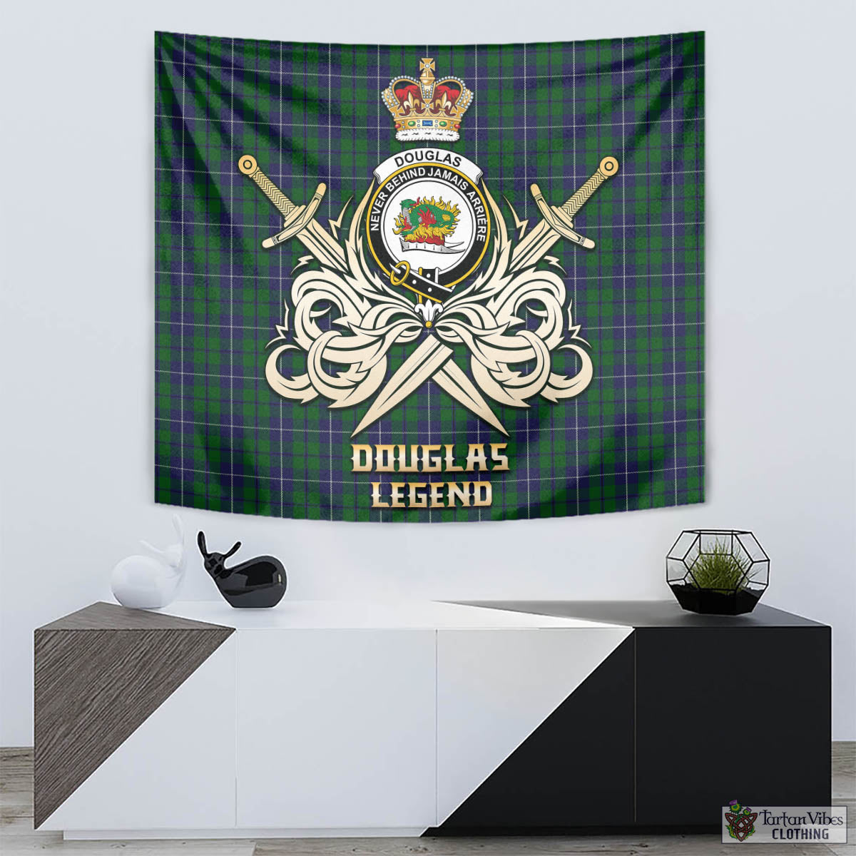 Tartan Vibes Clothing Douglas Green Tartan Tapestry with Clan Crest and the Golden Sword of Courageous Legacy