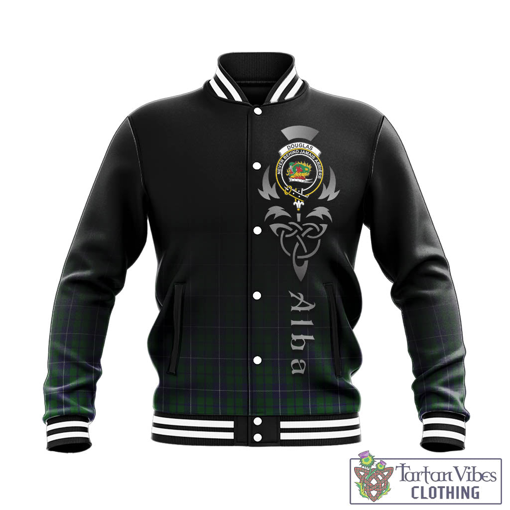 Tartan Vibes Clothing Douglas Green Tartan Baseball Jacket Featuring Alba Gu Brath Family Crest Celtic Inspired