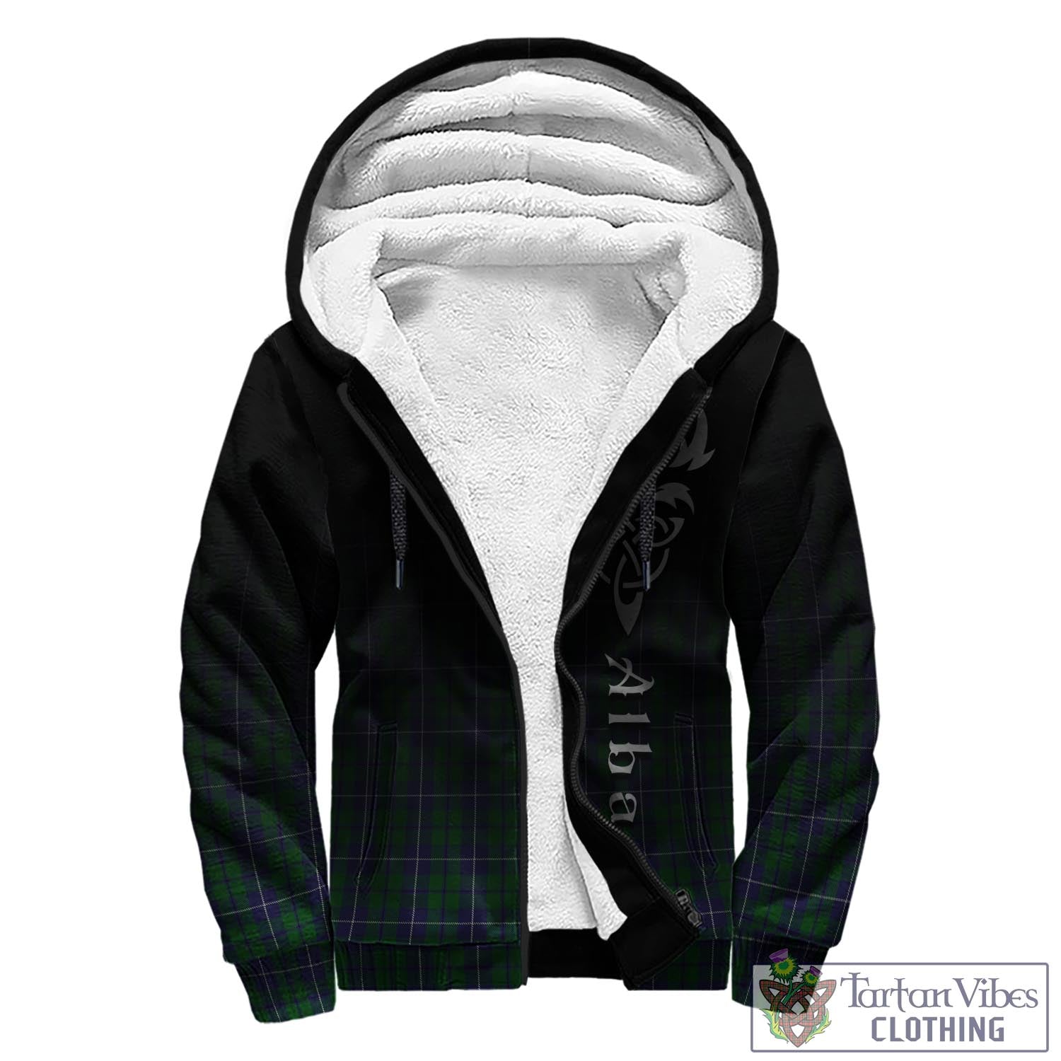 Tartan Vibes Clothing Douglas Green Tartan Sherpa Hoodie Featuring Alba Gu Brath Family Crest Celtic Inspired