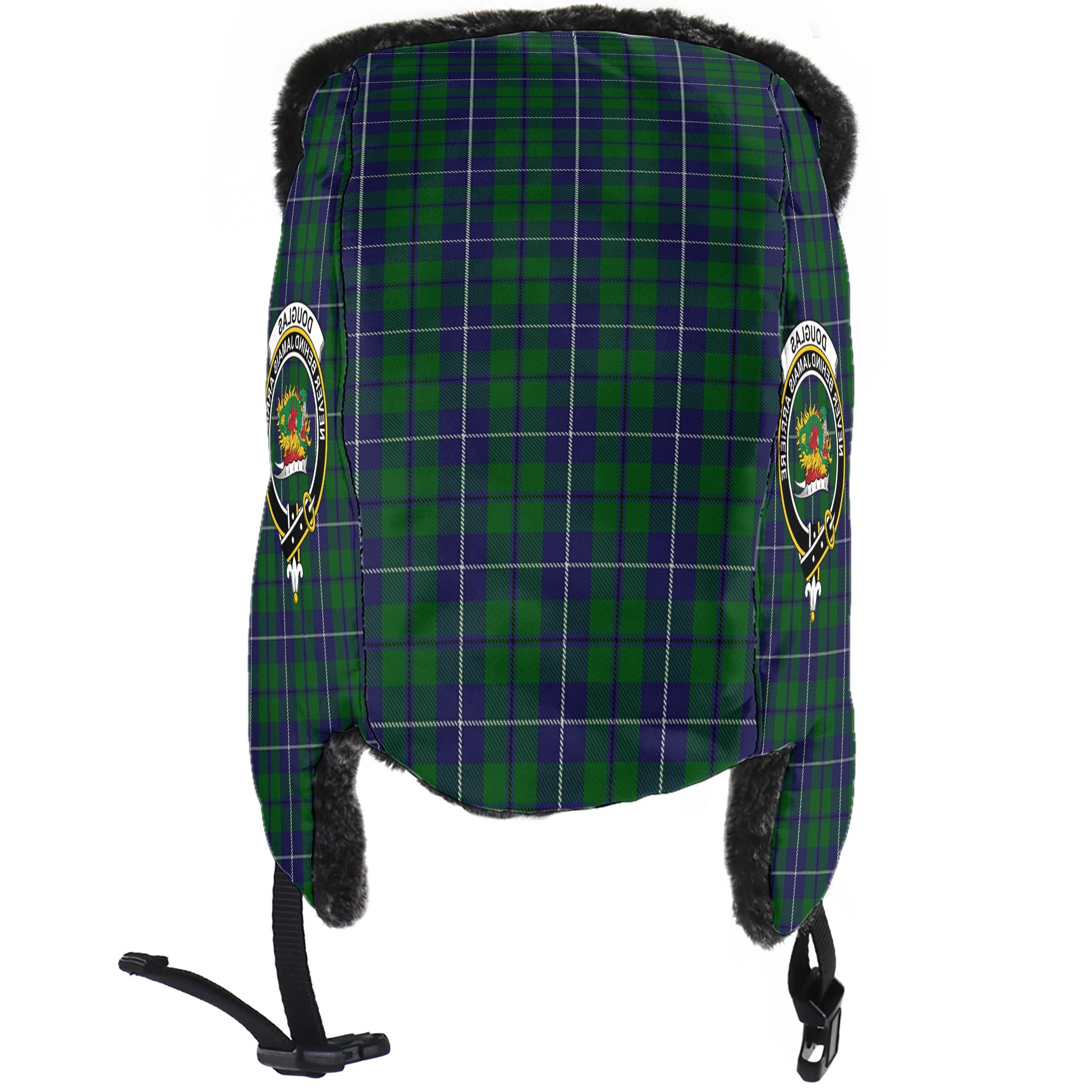 Douglas Green Tartan Winter Trapper Hat with Family Crest - Tartanvibesclothing