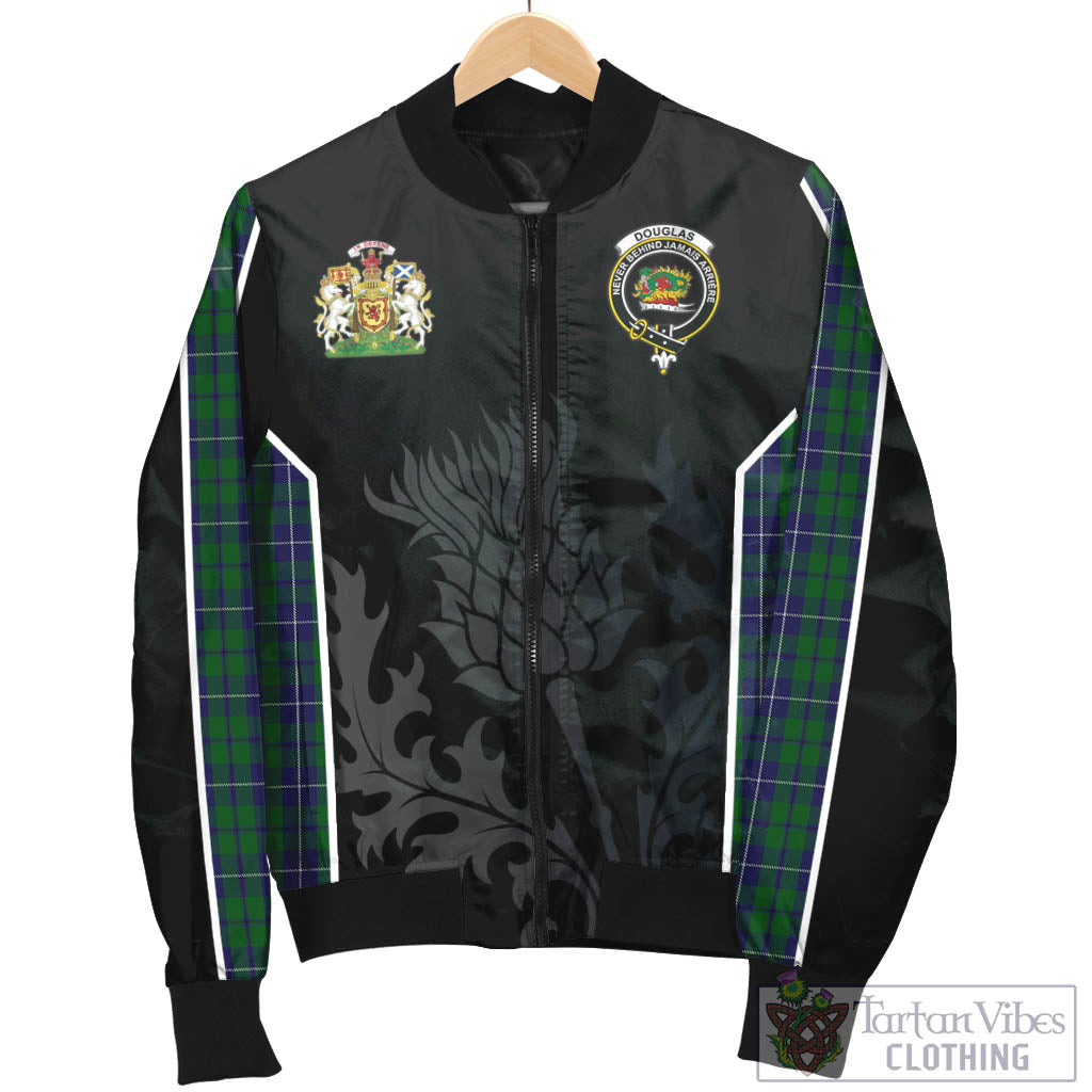 Tartan Vibes Clothing Douglas Green Tartan Bomber Jacket with Family Crest and Scottish Thistle Vibes Sport Style