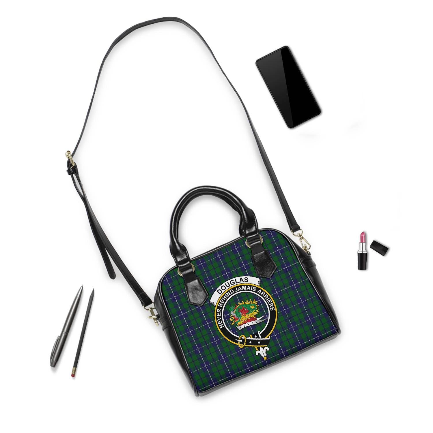 Douglas Green Tartan Shoulder Handbags with Family Crest - Tartanvibesclothing