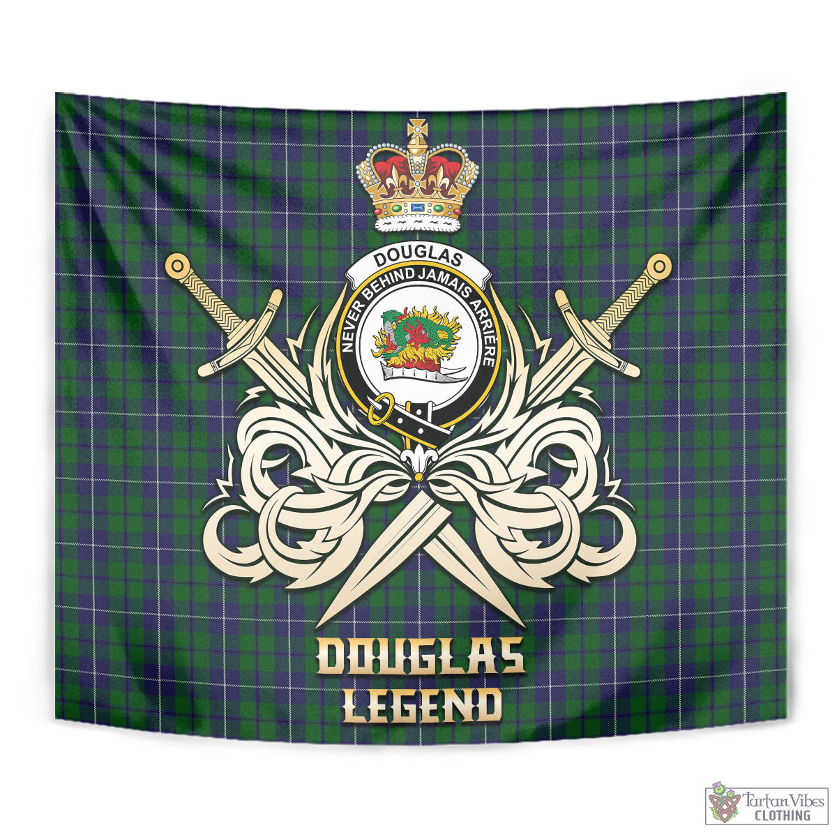 Tartan Vibes Clothing Douglas Green Tartan Tapestry with Clan Crest and the Golden Sword of Courageous Legacy