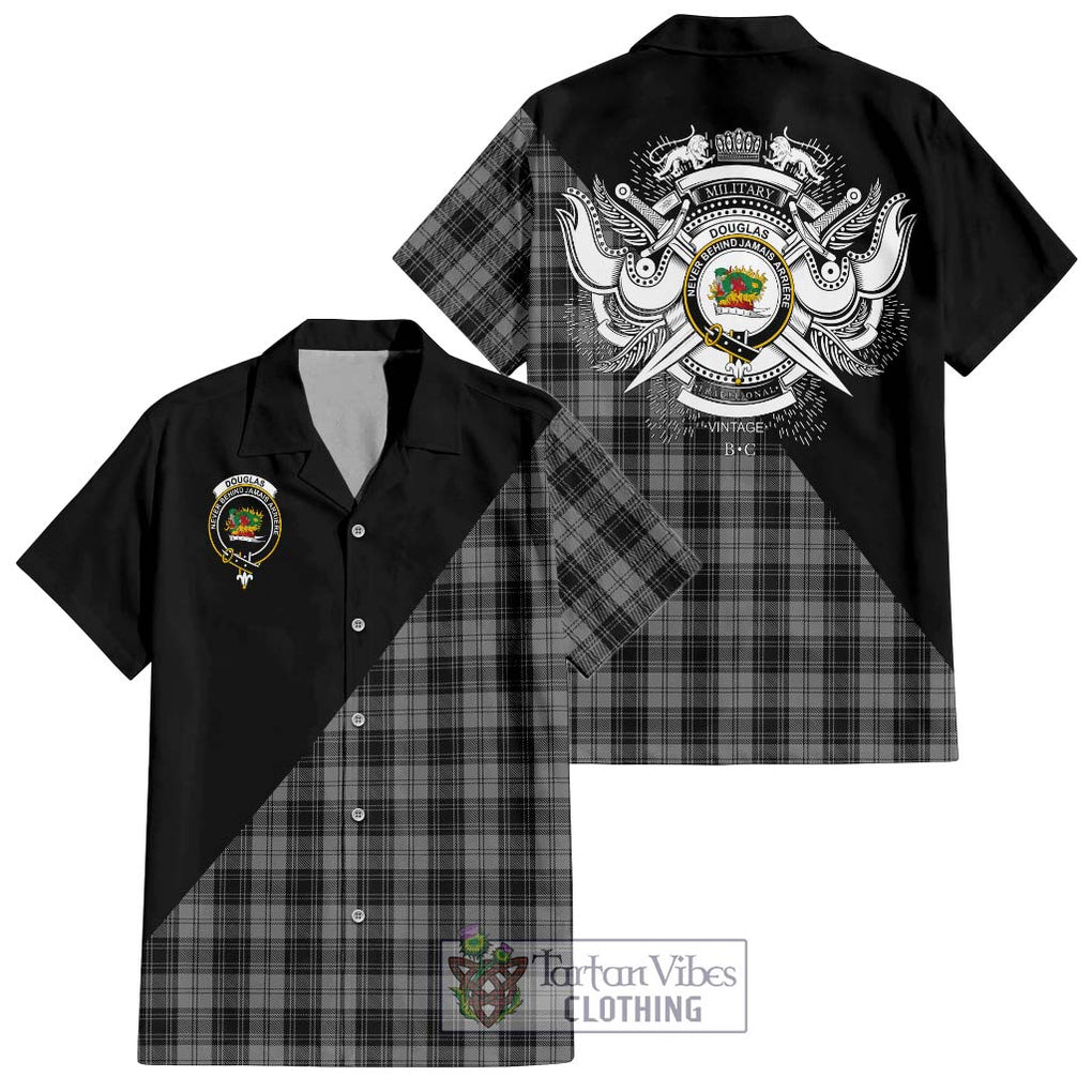 Douglas Grey Tartan Short Sleeve Button Shirt with Family Crest and Military Logo Style Kid - Tartanvibesclothing Shop