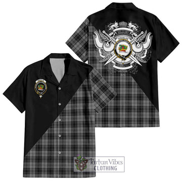 Douglas Grey Tartan Short Sleeve Button Shirt with Family Crest and Military Logo Style