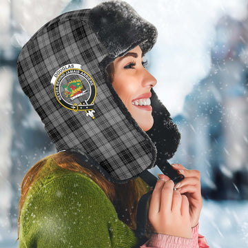 Douglas Grey Tartan Winter Trapper Hat with Family Crest