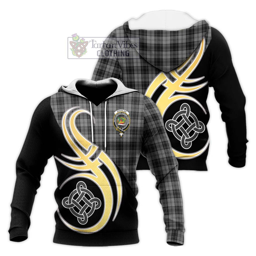 Douglas Grey Tartan Knitted Hoodie with Family Crest and Celtic Symbol Style Unisex Knitted Pullover Hoodie - Tartan Vibes Clothing