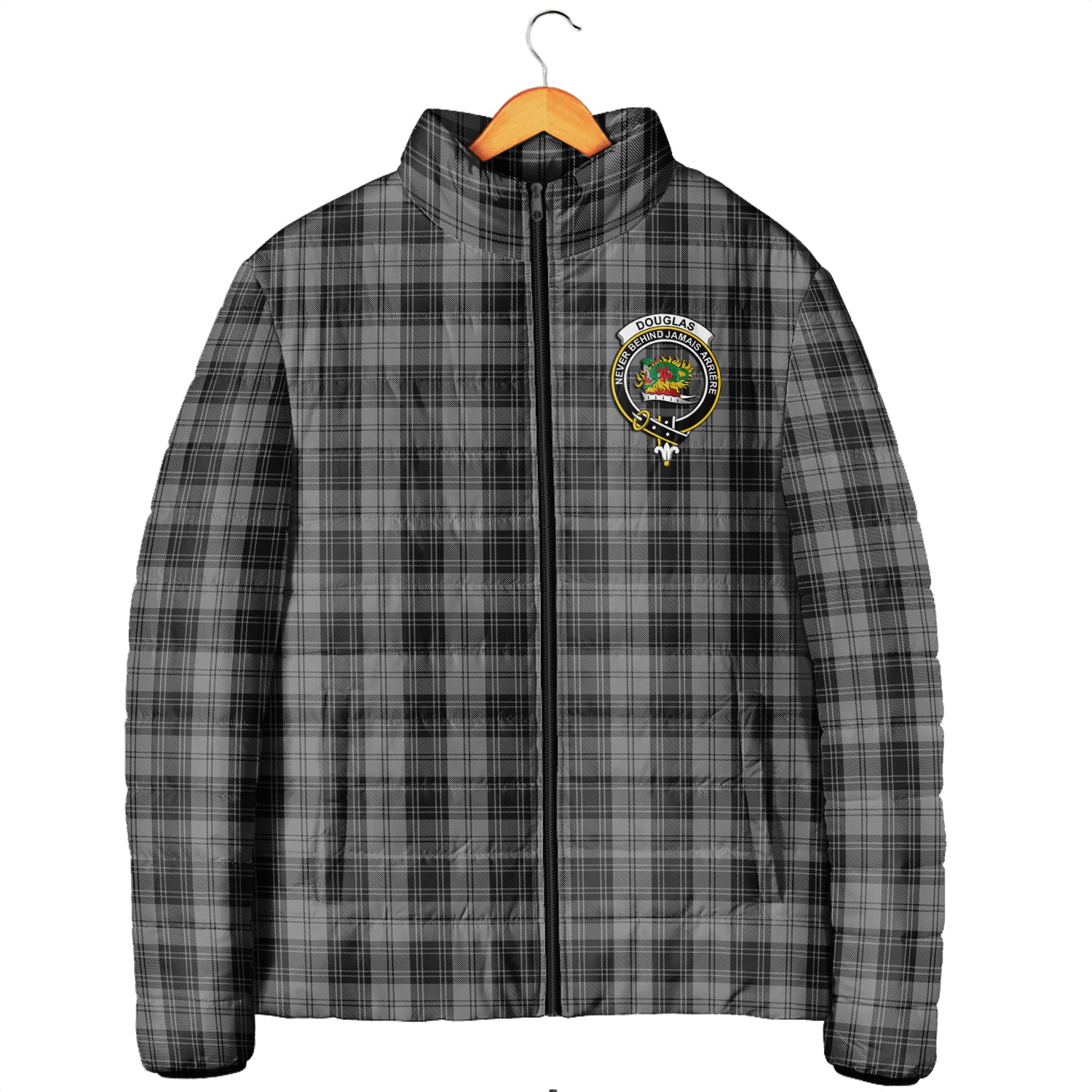 Douglas Grey Tartan Padded Jacket with Family Crest Men's Padded Jacket - Tartan Vibes Clothing