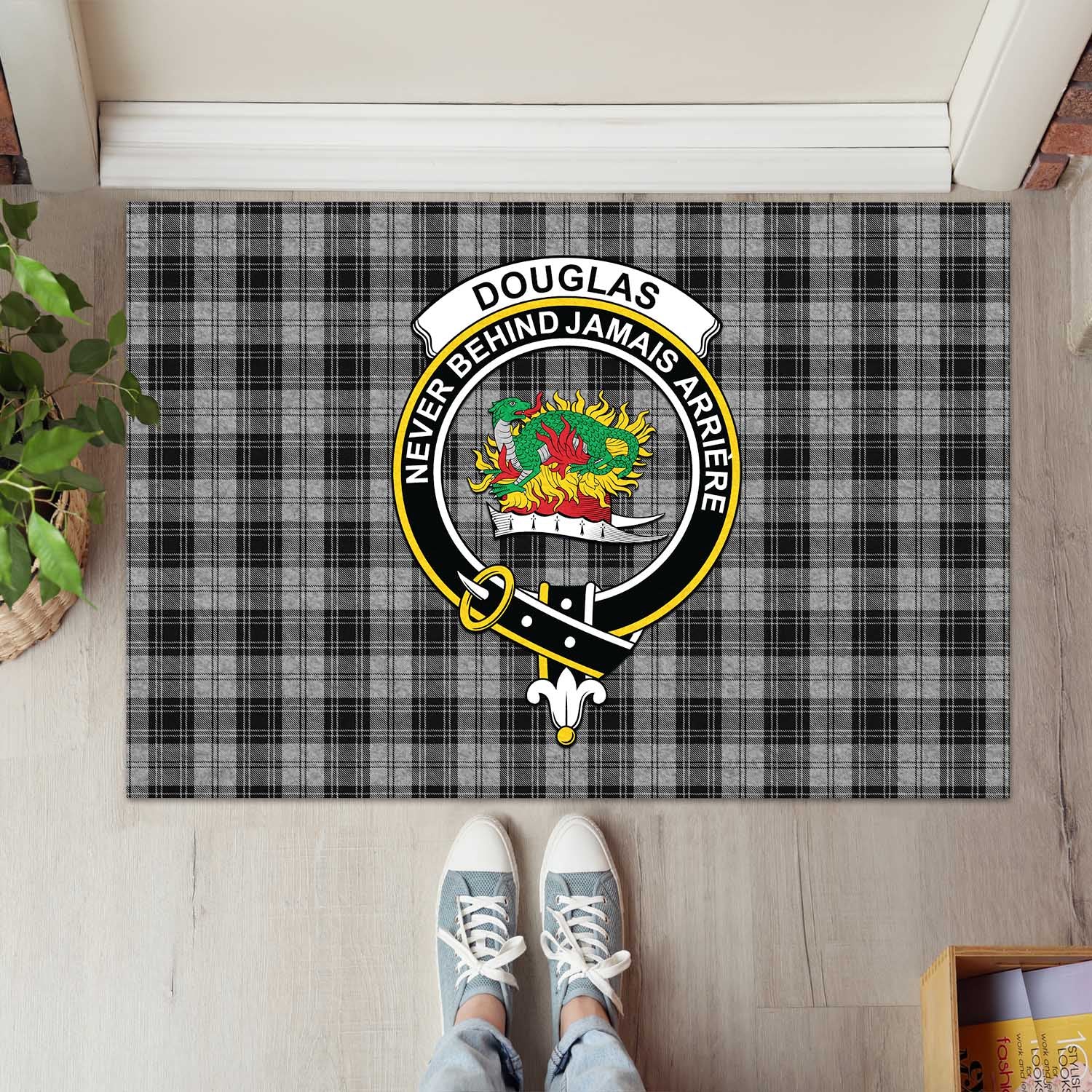 Douglas Grey Tartan Door Mat with Family Crest - Tartanvibesclothing