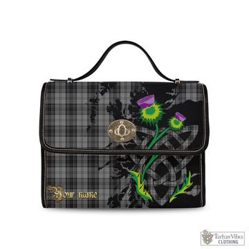 Douglas Grey Tartan Waterproof Canvas Bag with Scotland Map and Thistle Celtic Accents