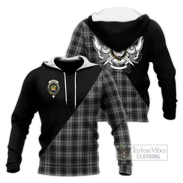 Douglas Grey Tartan Knitted Hoodie with Family Crest and Military Logo Style