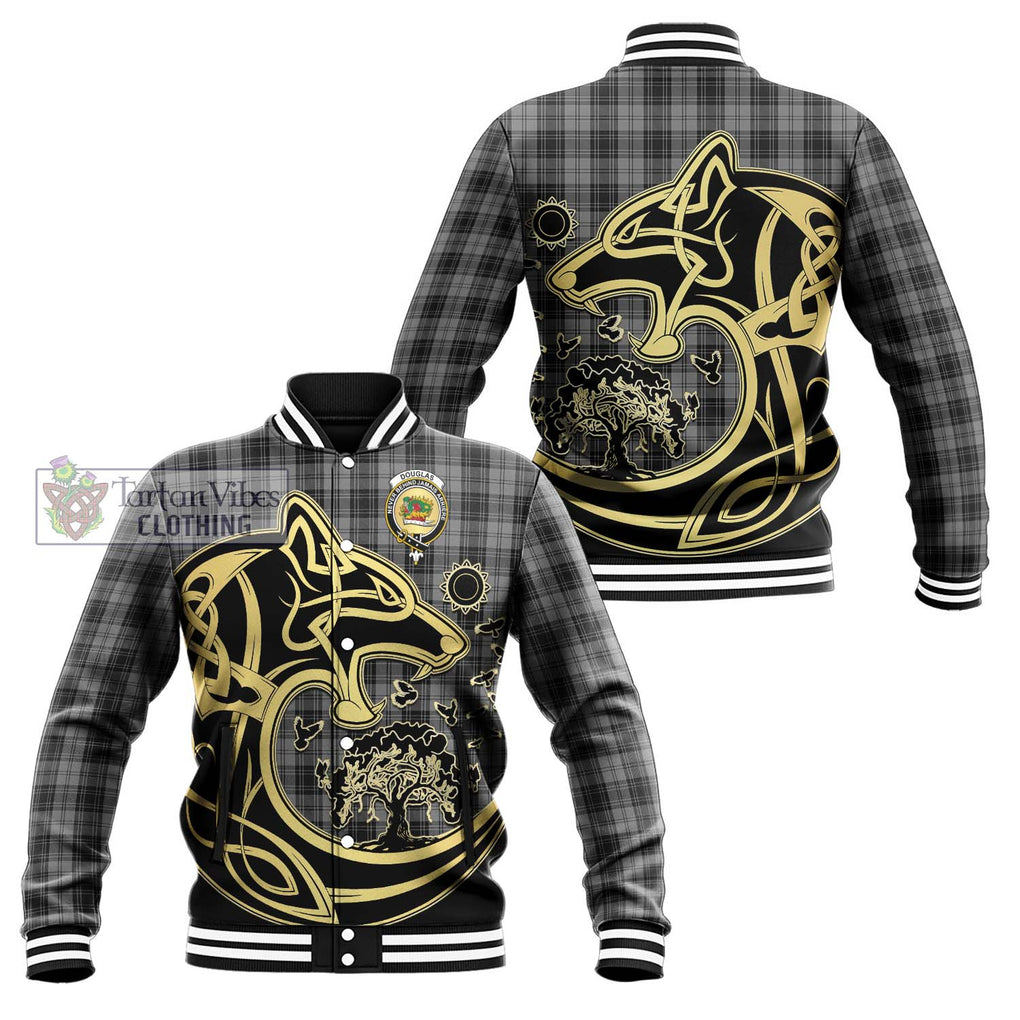 Douglas Grey Tartan Baseball Jacket with Family Crest Celtic Wolf Style Unisex - Tartan Vibes Clothing