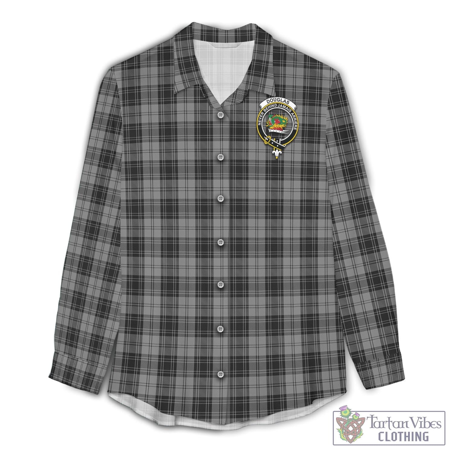 Tartan Vibes Clothing Douglas Grey Tartan Womens Casual Shirt with Family Crest