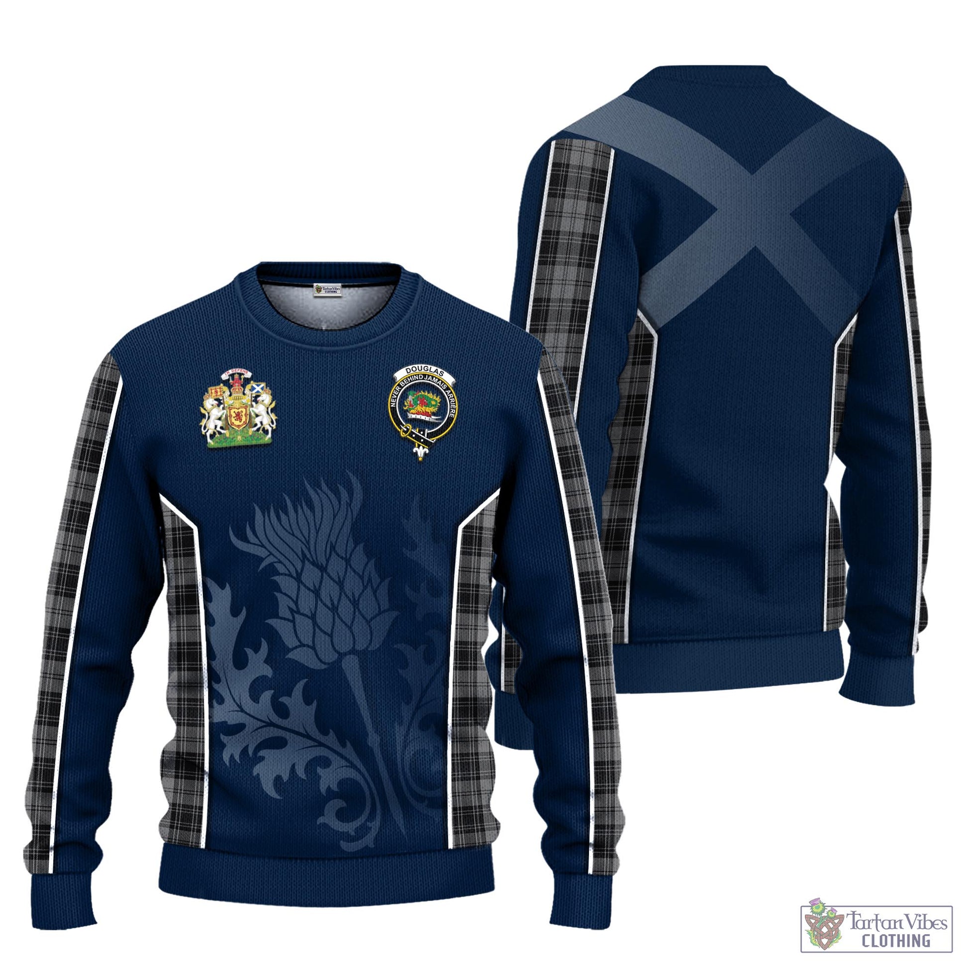 Tartan Vibes Clothing Douglas Grey Tartan Knitted Sweatshirt with Family Crest and Scottish Thistle Vibes Sport Style