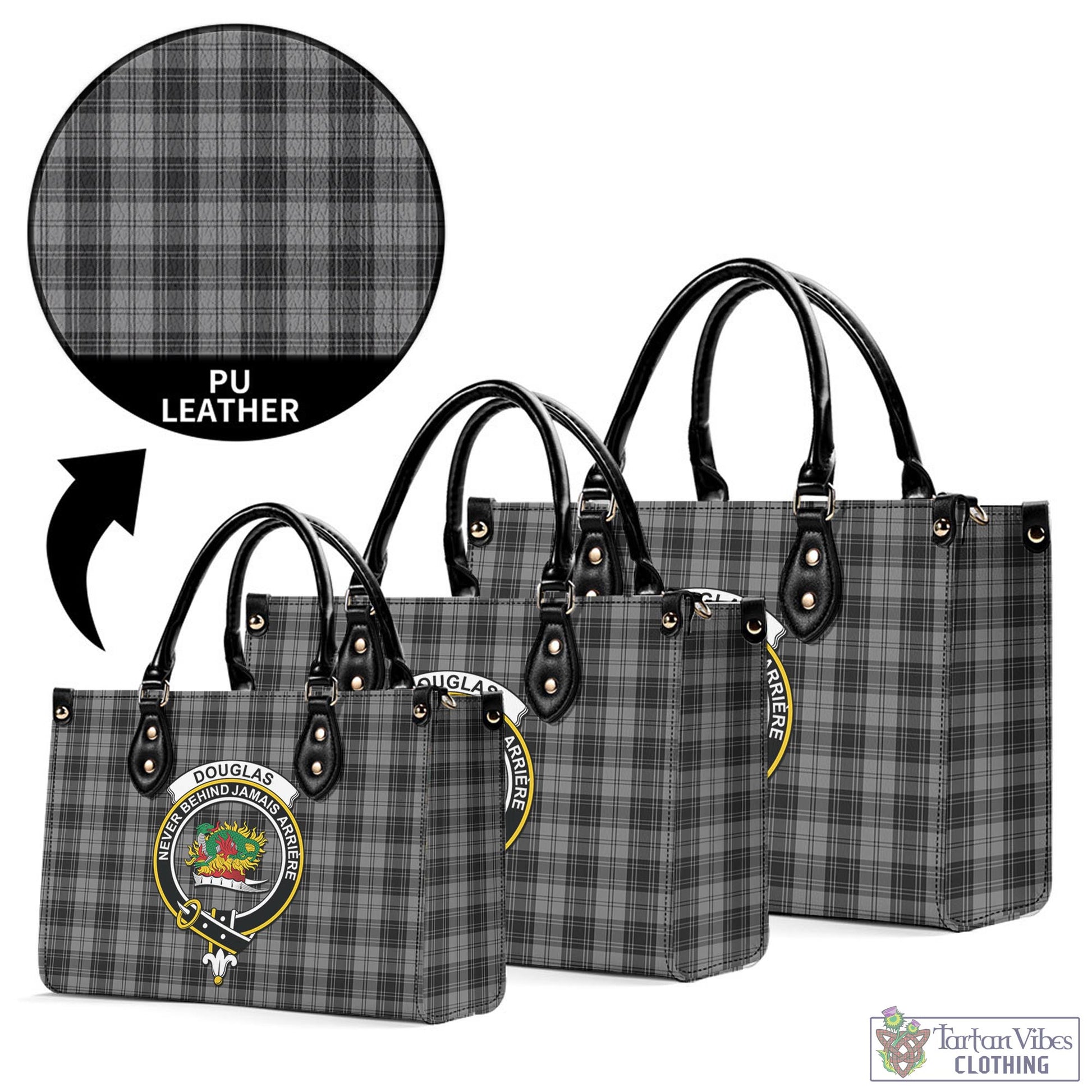 Tartan Vibes Clothing Douglas Grey Tartan Luxury Leather Handbags with Family Crest