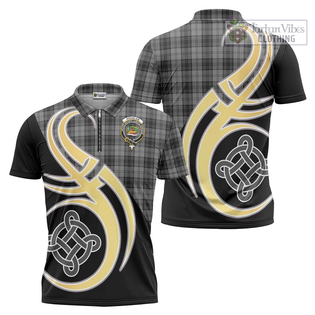 Tartan Vibes Clothing Douglas Grey Tartan Zipper Polo Shirt with Family Crest and Celtic Symbol Style