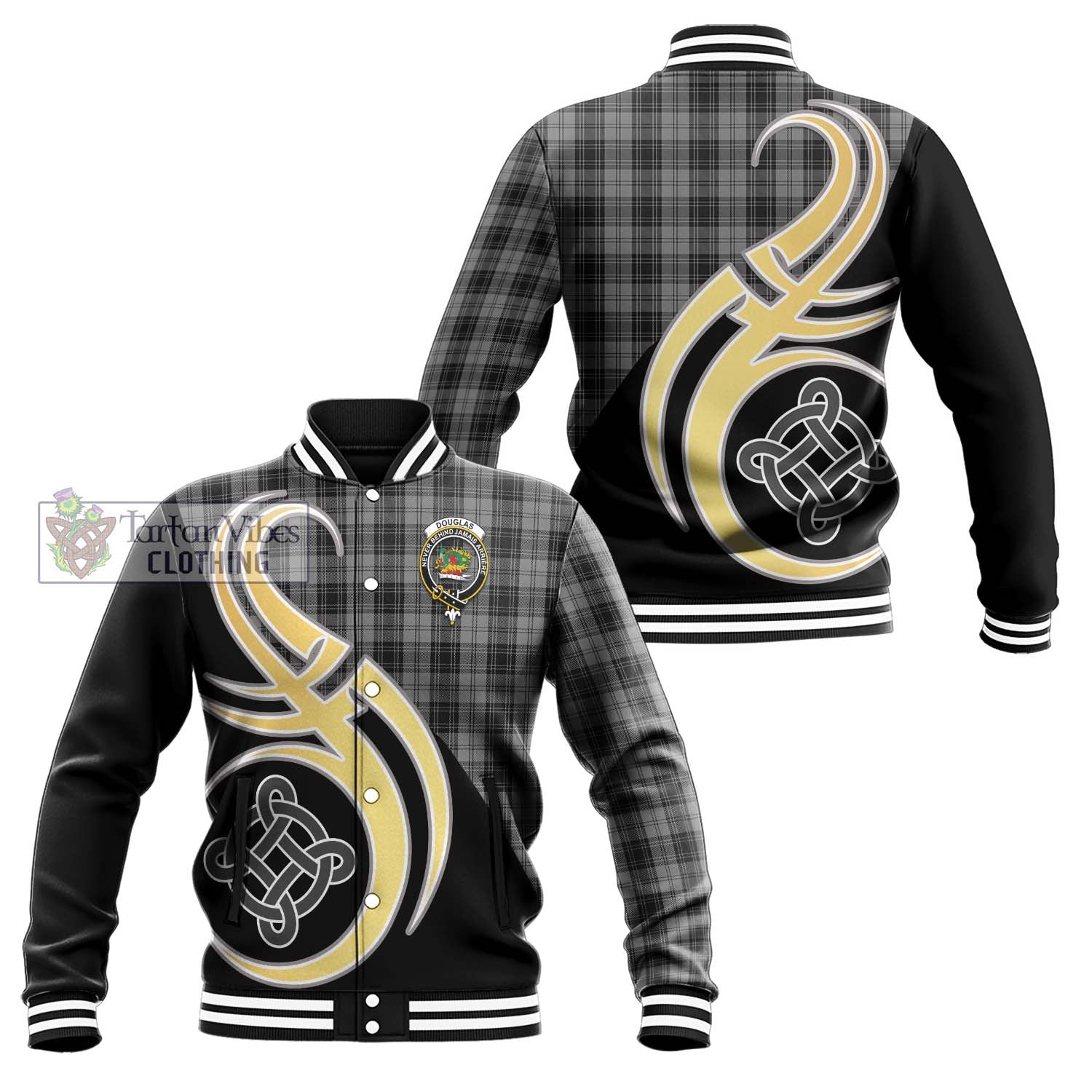 Douglas Grey Tartan Baseball Jacket with Family Crest and Celtic Symbol Style Unisex - Tartan Vibes Clothing