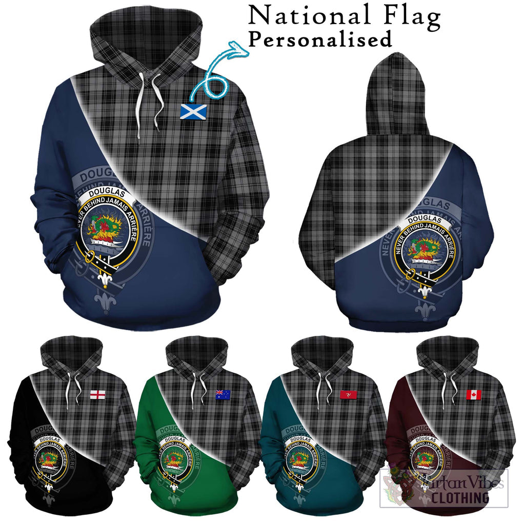 Douglas Grey Tartan Hoodie with Personalised National Flag and Family Crest Half Style Zip Hoodie - Tartanvibesclothing Shop