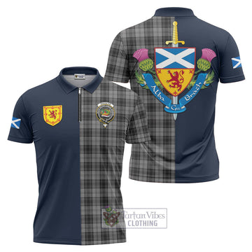 Douglas Grey Tartan Zipper Polo Shirt Alba with Scottish Lion Royal Arm Half Style