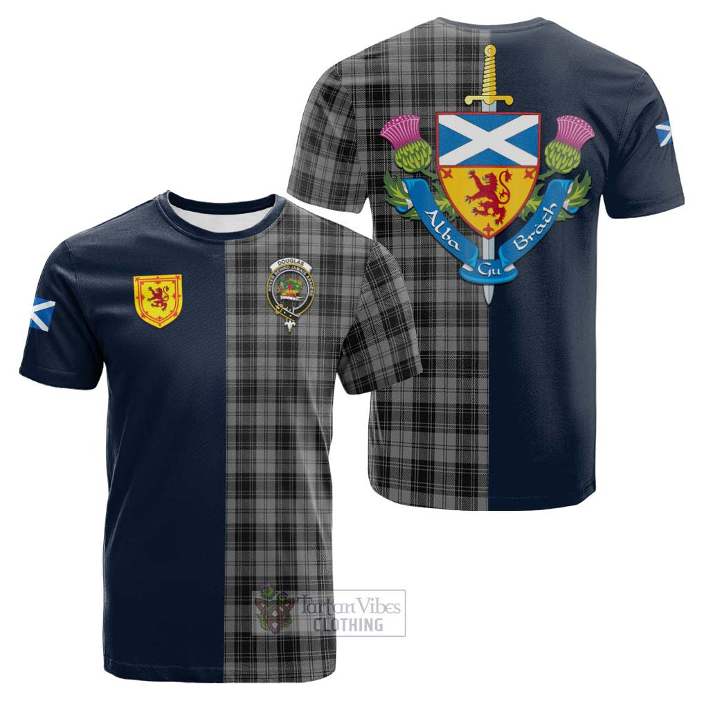 Tartan Vibes Clothing Douglas Grey Tartan Cotton T-shirt with Scottish Lion Royal Arm Half Style