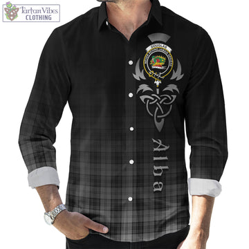 Douglas Grey Tartan Long Sleeve Button Up Featuring Alba Gu Brath Family Crest Celtic Inspired